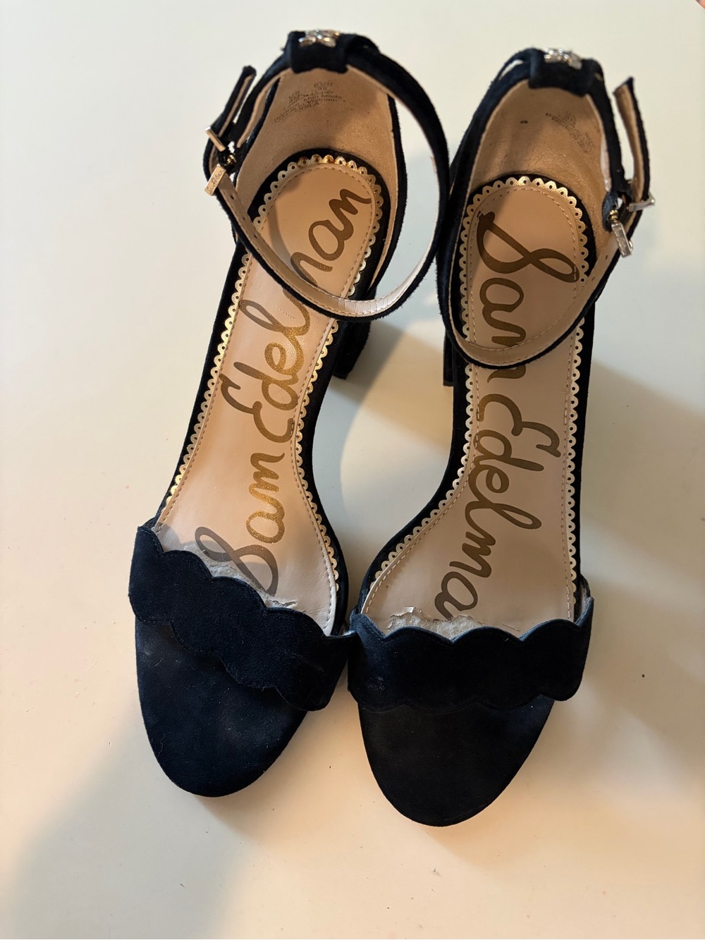 Sam Edelman Black Scalloped Suede Ankle-Strap Block Heels